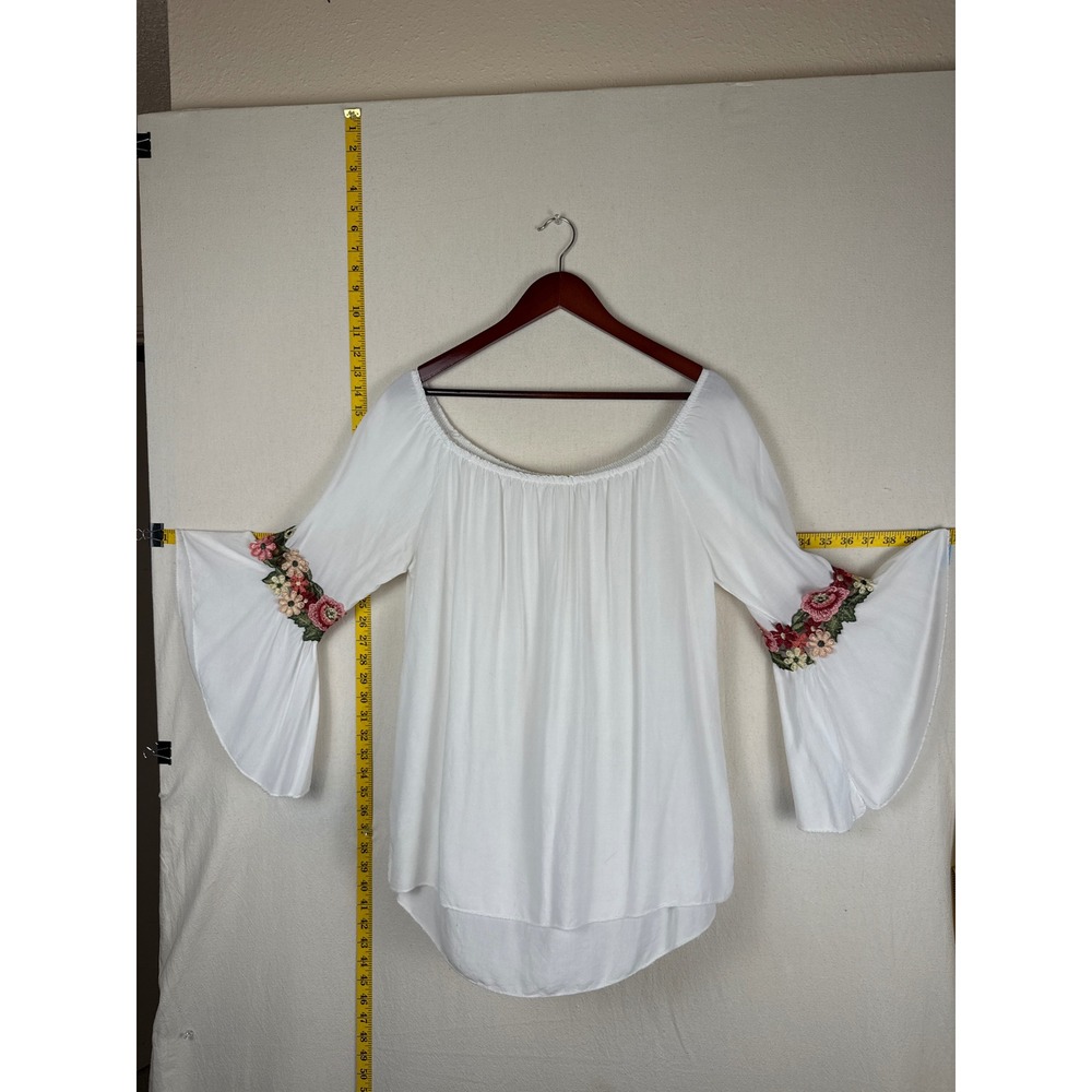 Italian Made XL White Boho Floral Embroidered Hippie Peasant Indie Bell Sleeve